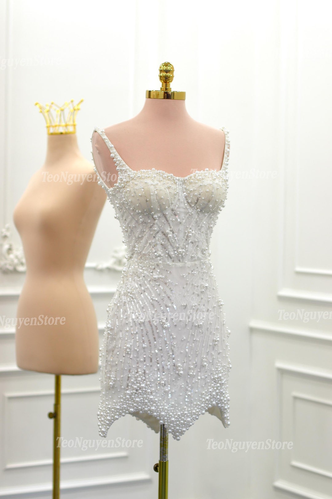 Chic Short Wedding Dress and Mini Dress with Pearl Buttons for a Vintage Touch