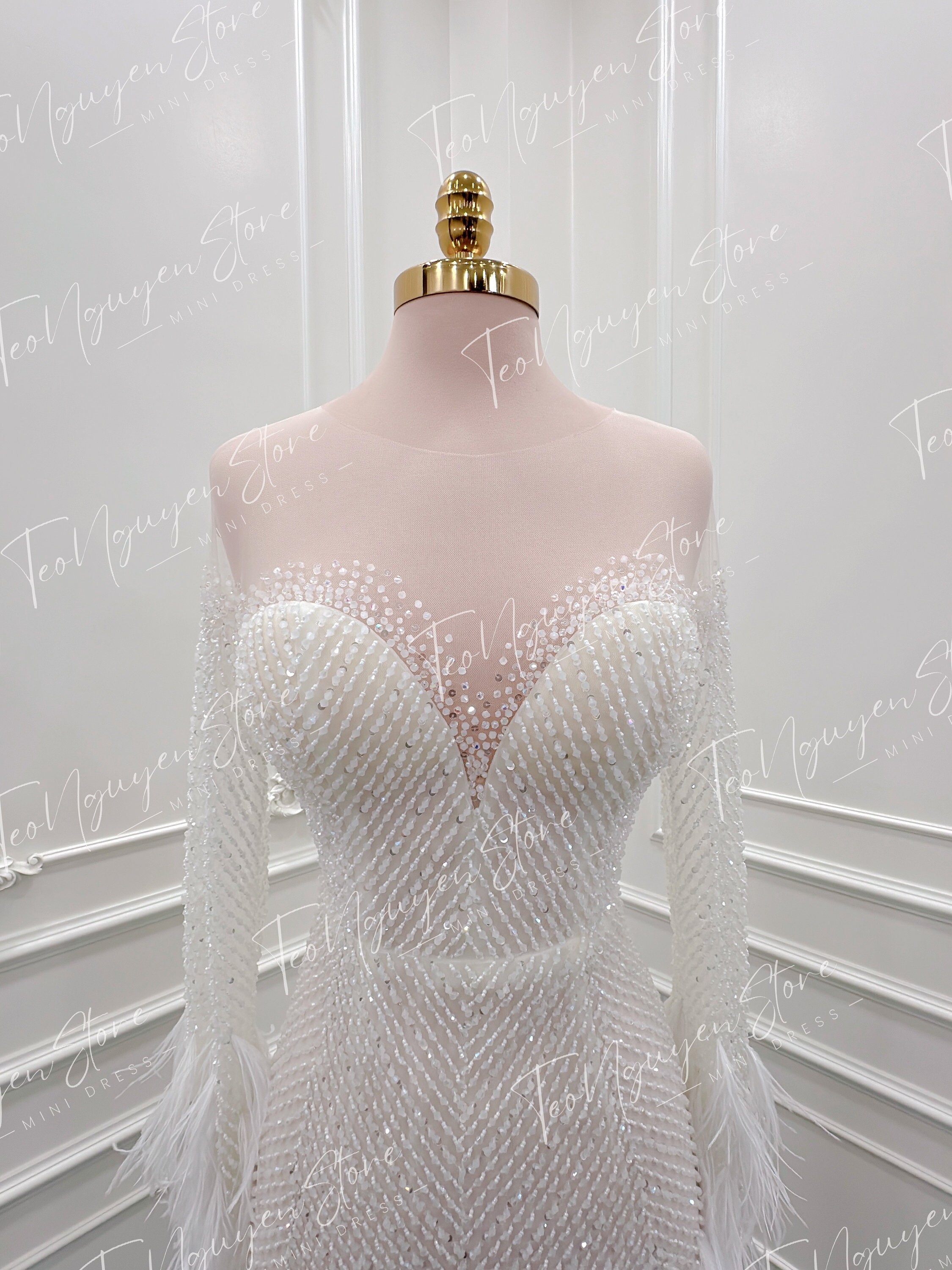 Short Beaded Wedding Dress Mini Wedding Dress With Beads and Feathers