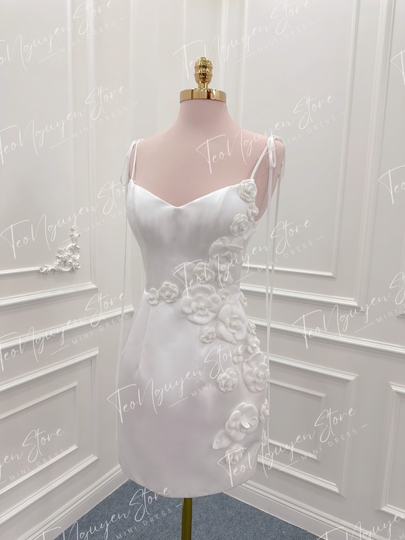 Handmade 3D Floral Satin Dress. Mini Satin Wedding Dress. Custom Mini Dress. White Party Dress.