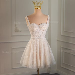 Short Wedding Dress With Pearls. Mini Corset Wedding Dress. Custom mini dress for event. Mini Reception Dress. Pearl Short Party Dress