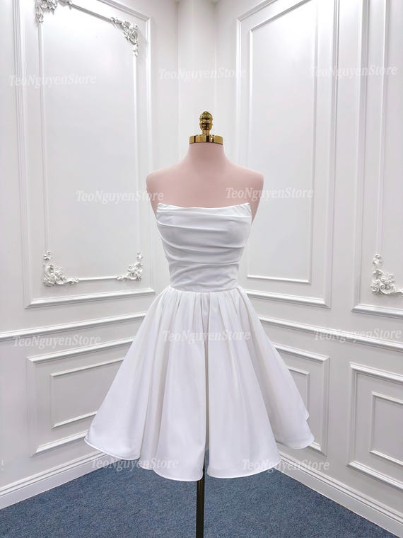 Short A Line Satin Wedding Dress. Off-The-Shoulder White Reception Dress. Custom Mini Wedding Dress. Short Satin Party Dress.