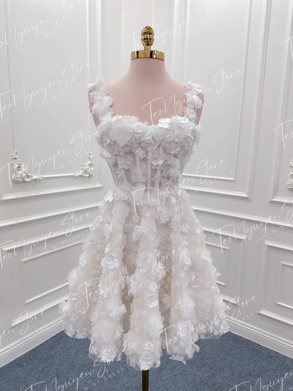 Handmade 3D Floral Short Wedding Dress. Mini Corset Reception Dress. Short A-Line Party Dress. Custom Mini Dress.