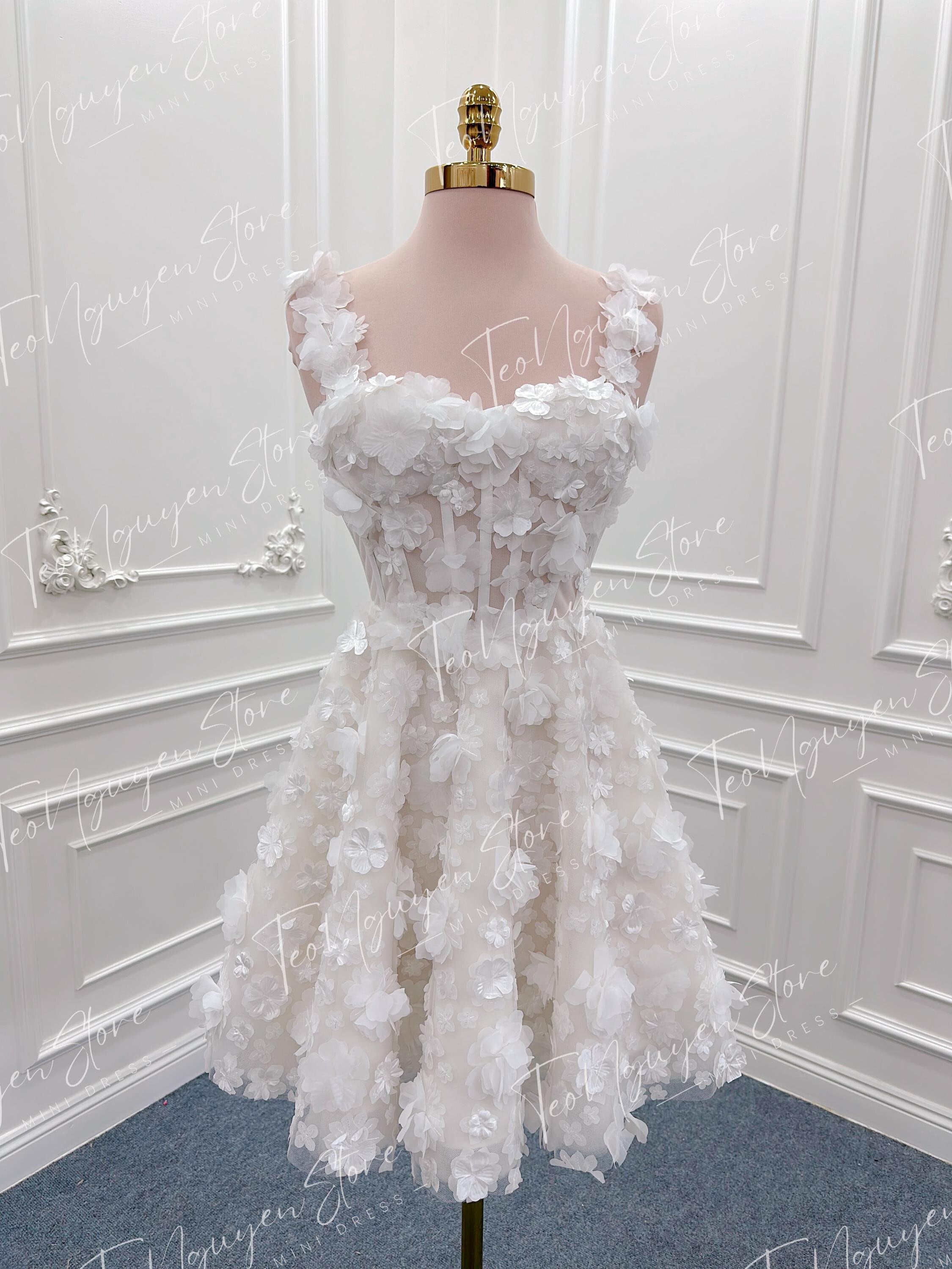 Handmade 3D Floral Short Wedding Dress. Mini Corset