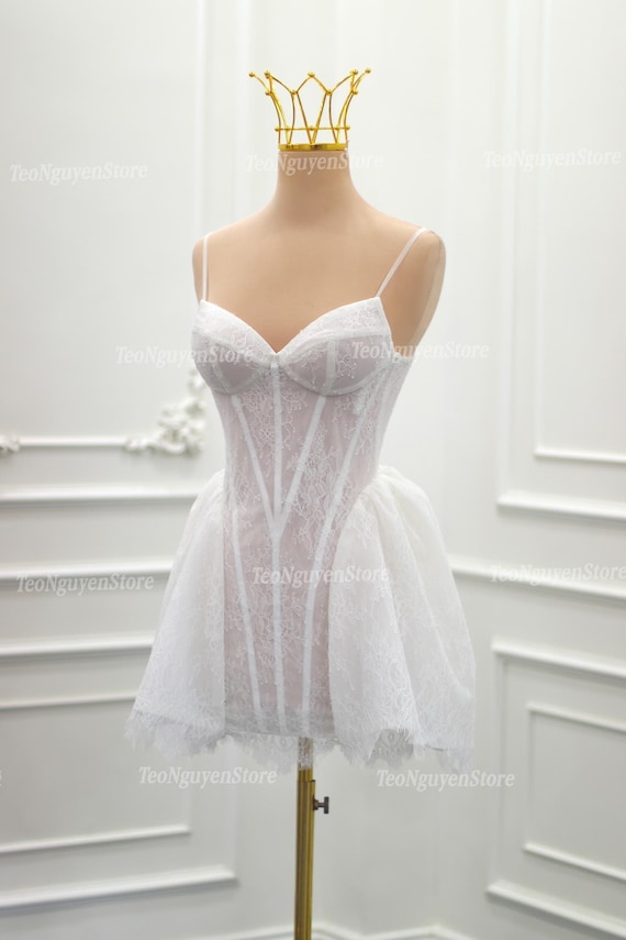 Unique and elegant corset lace short dress. White eyelash lace party dress. lace short wedding dress. Custom short dress. Unique and elegant corset lace short dress. White eyelash lace party dress. lace short wedding dress. Custom short dress.