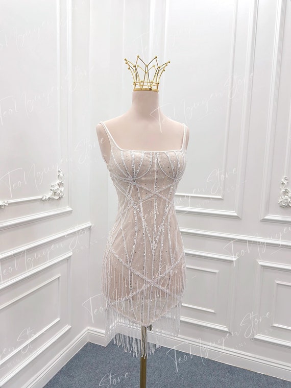 slim fit dress slacks Short Flare Sleeve Gold Tassel Wedding Dresses ZW821 – TANYA BRIDAL main image 0