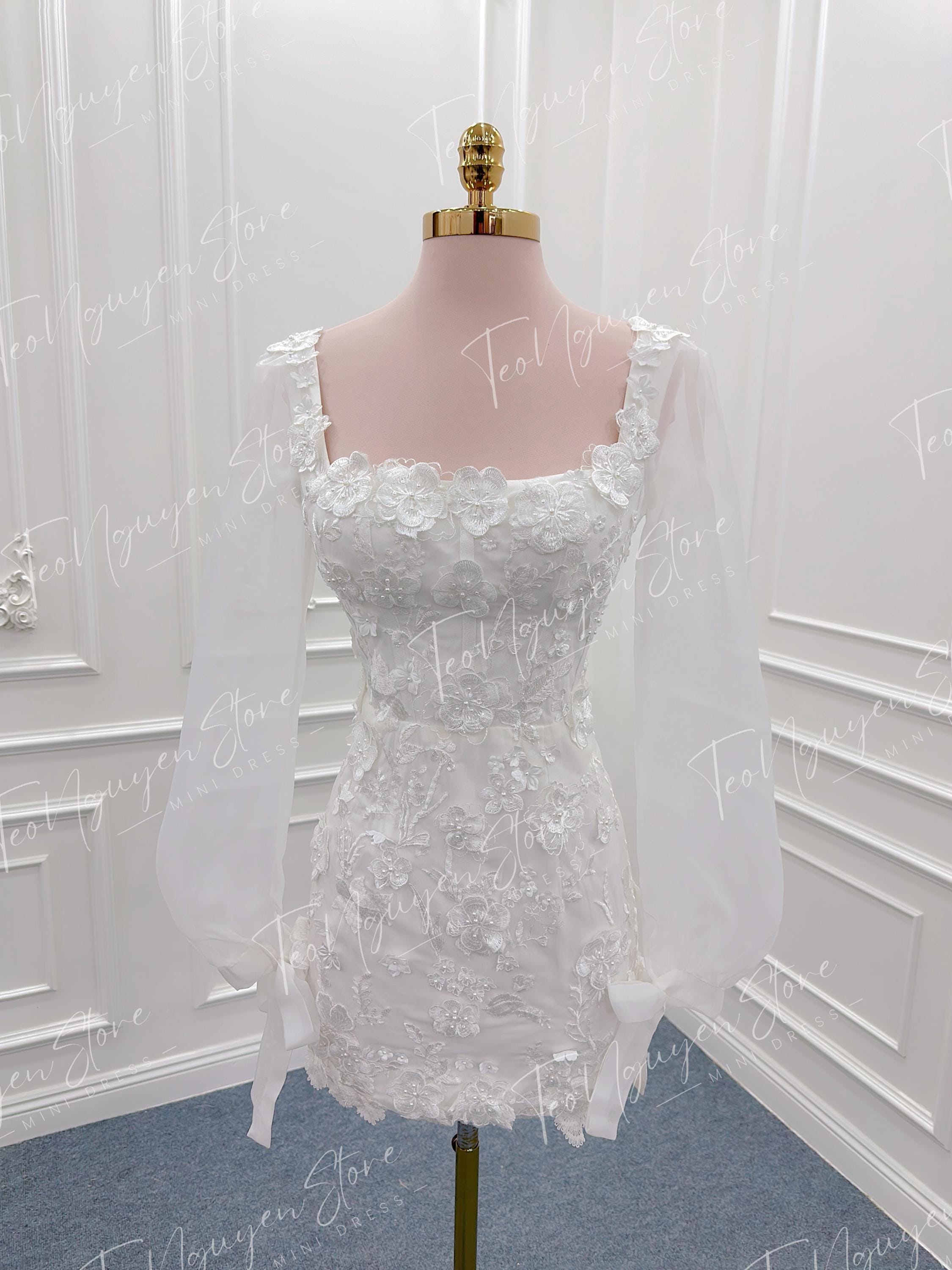 3D Floral Lace Short Wedding Dress. Lace Mini Reception Dress. Party ...