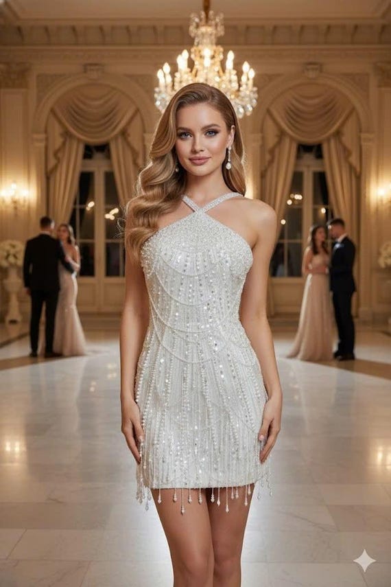 beaded reception dress short Pearl Dress. Short Sparkling Wedding Dress. Pearl and Sequins Party Dress. Pearl Short Wedding Dress. Custom Short Size:dress size pants : 40 50's Style Wedding Dresses Sweetheart neckline Length CRIT_Bianco