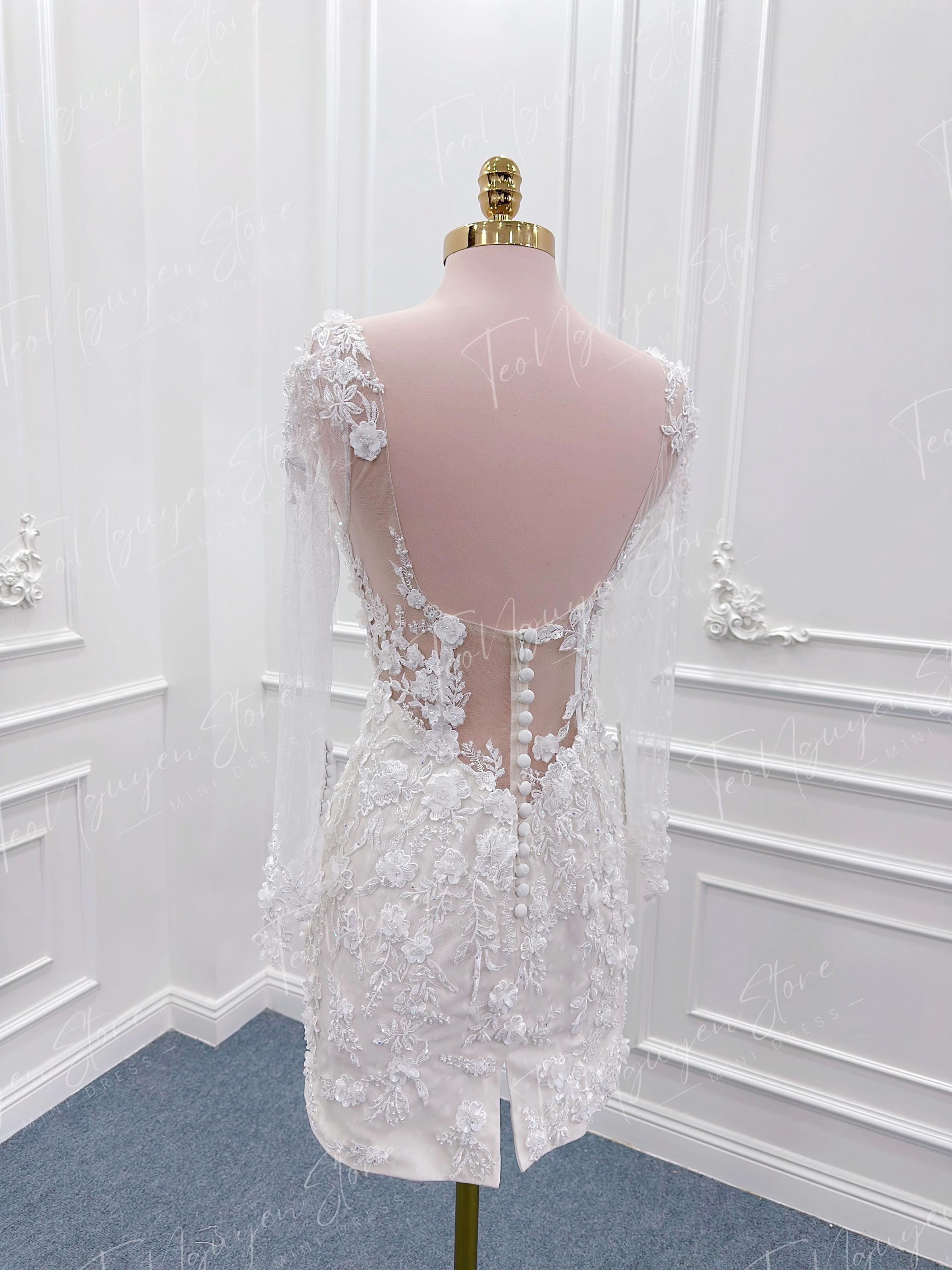 3D Floral Lace Mini Reception Dress. Luxurious Short Wedding Dress ...