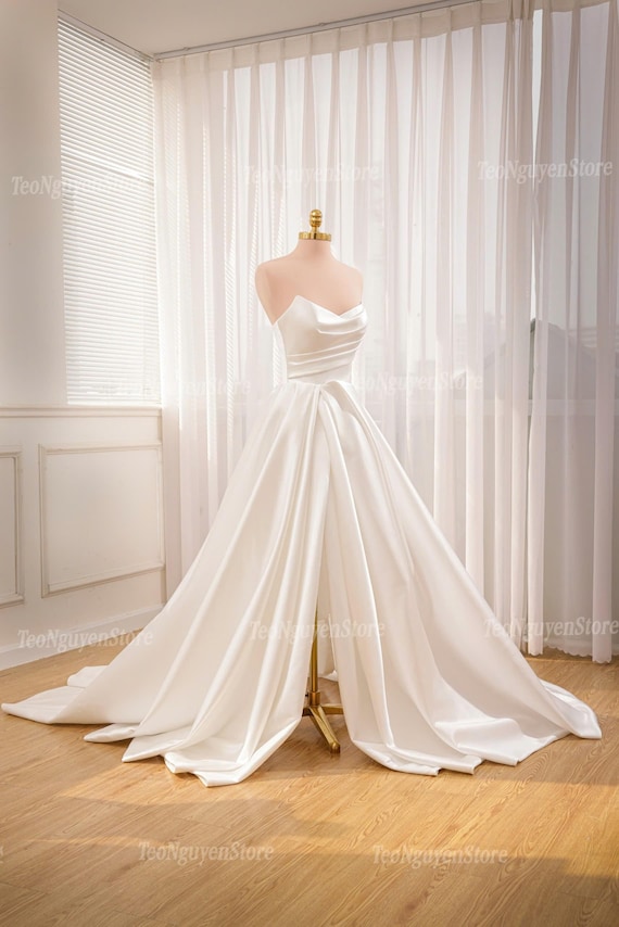 sachin and babi light blue dress Sexy Satin Slit Wedding Dress. Sweet Satin Train Ivory A-line Wedding Dress.  Elegant Satin Bridal Gown. Custom Wedding Dresses for Brides