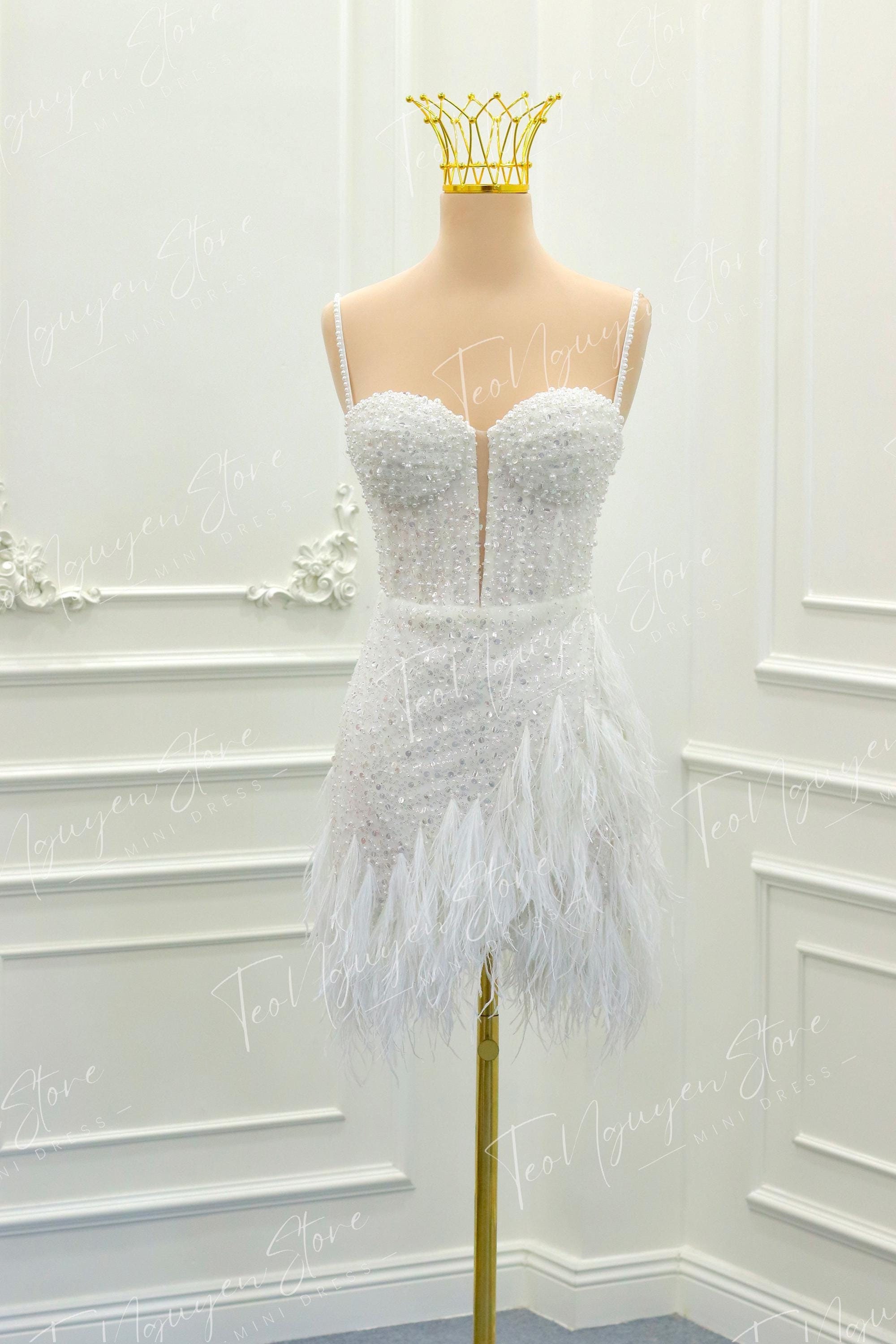 beaded and feather dress Elegant Feathered Prom Dress with Beaded Detail