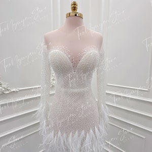 Short Beaded Wedding Dress Mini Wedding Dress With Beads and Feathers