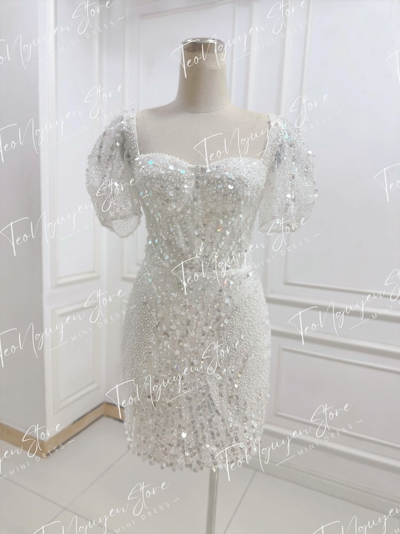 short white bling dress short rhinestone dress Chic High Neck Short Prom Dress With Rhinestone Wedding Guest Dress KI SELINADRESS
