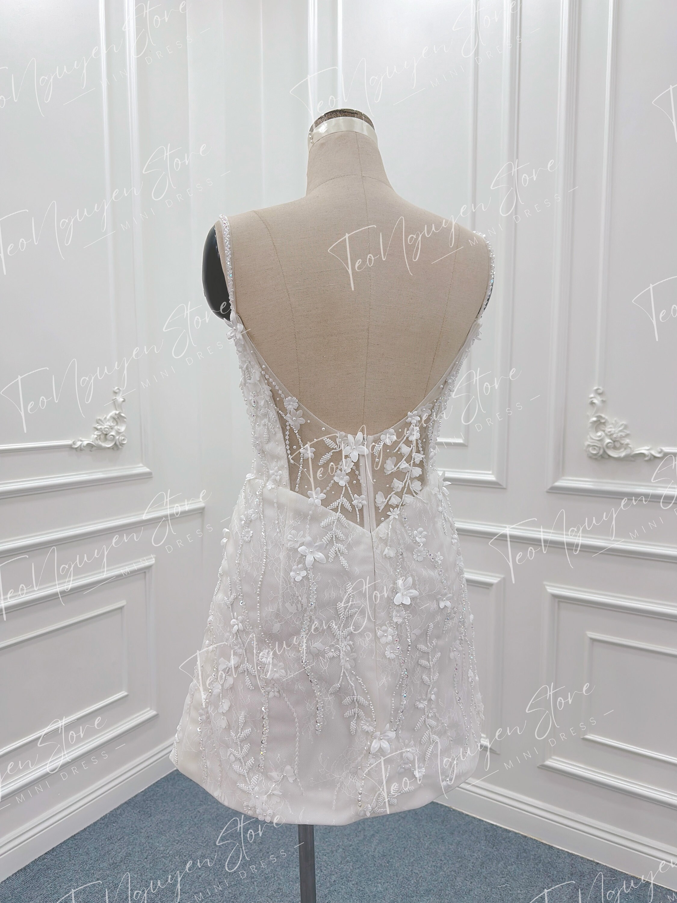 Short Lace and Beaded Wedding Dress. Luxurious 3D Floral Lace Mini ...