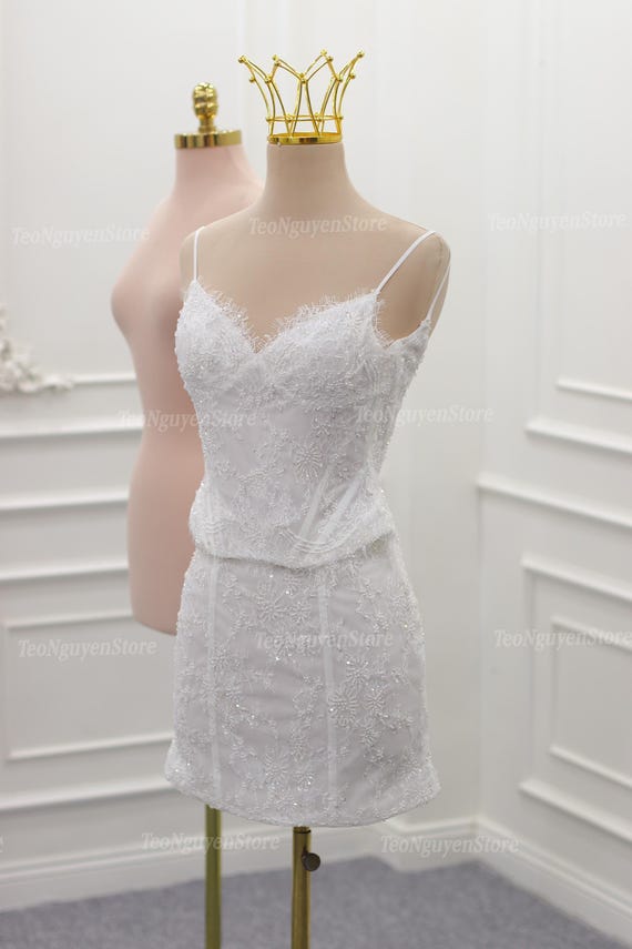 mini 2 piece dress for women Short 2-piece Beaded Wedding Dress. Mini 2-piece Lace Beaded Wedding Dress. Short Bridesmaid Dress. White Lace and Beaded Party Dress