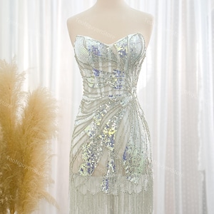 Luxury Strapless Sequin Fringe Mini Dress, Custom Handmade Cocktail, Birthday and Party Outfit