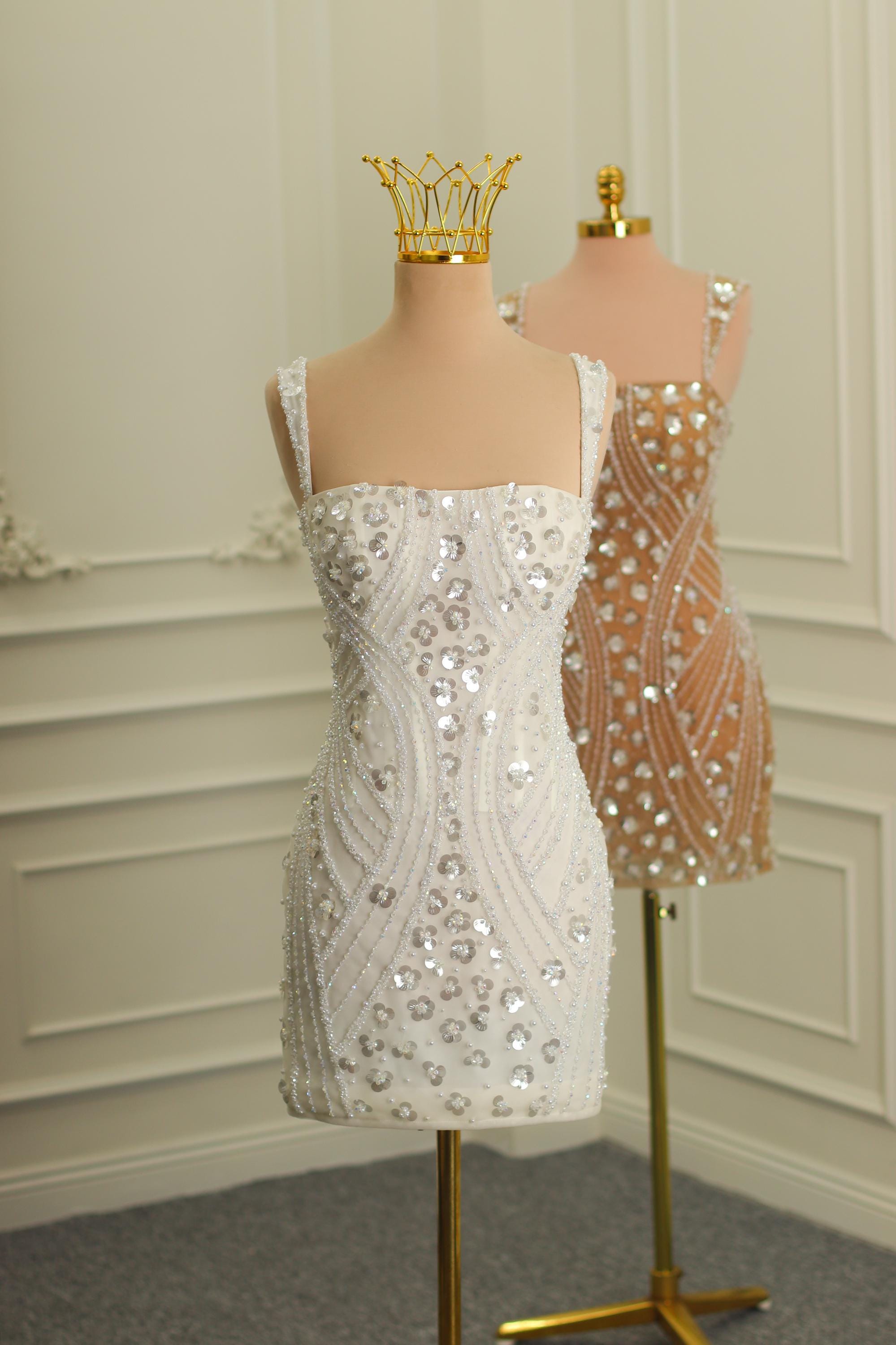 Luxury Sparkly Short Wedding Dresses, Beaded and Sequined Wedding Dresses. Sparkly Bridal Reception Dresses. Custom Short Dresses.