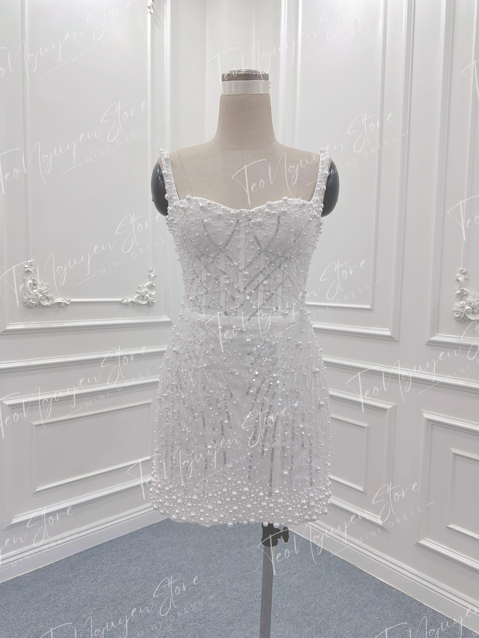 Short Wedding Dress With Pearls. Mini Corset Wedding Dress. Pearl Event ...