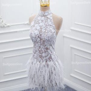 Halter neck short wedding dress. Lace and beaded mini wedding dress. Feather short wedding dress. Bridal ballroom dress. Custom short dress.