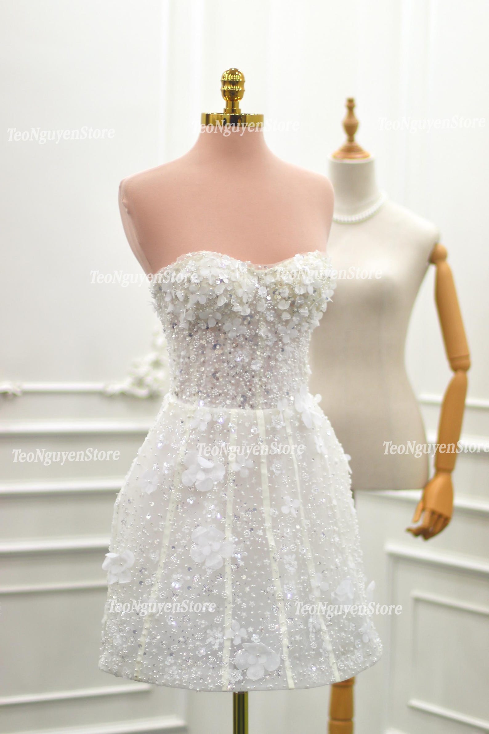 3D Floral Sparkling Short Wedding Dress. Mini Corset Wedding Dress. A ...