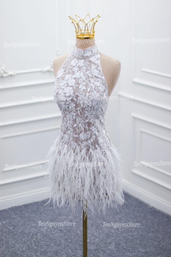 Halter Neck Short Wedding Dress. Lace and Beaded Mini Wedding Dress.  Feather Short Wedding Dress. Bridal Ballroom Dress. Custom Short Dress. -  Etsy Canada