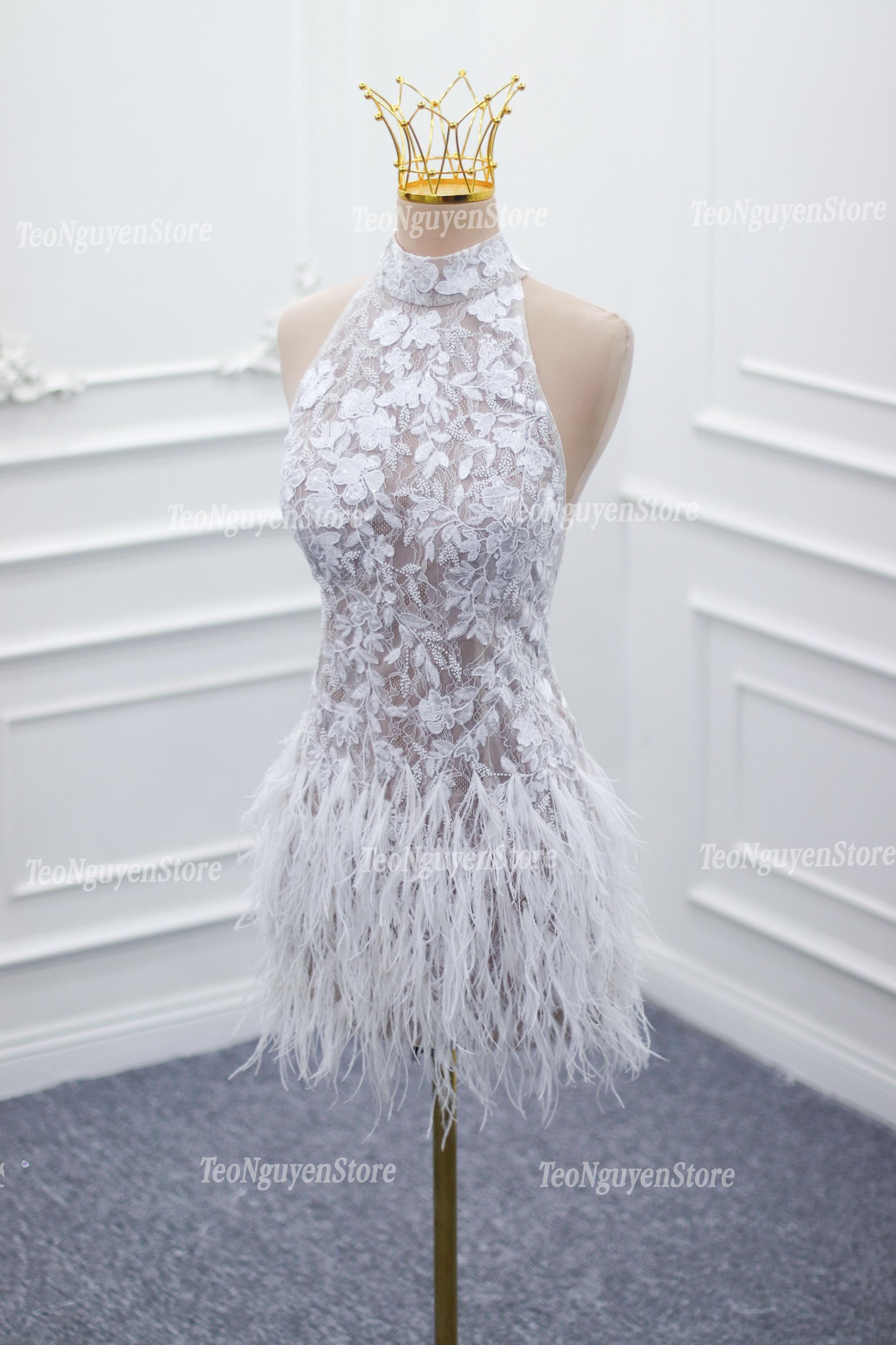 Halter neck short wedding dress. Lace and beaded mini wedding dress. Feather short wedding dress. Bridal ballroom dress. Custom short dress.