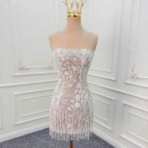 Beautiful fringed reception dress. Elegant beaded mini dress for bachelorette party. Custom mini dress upon request.