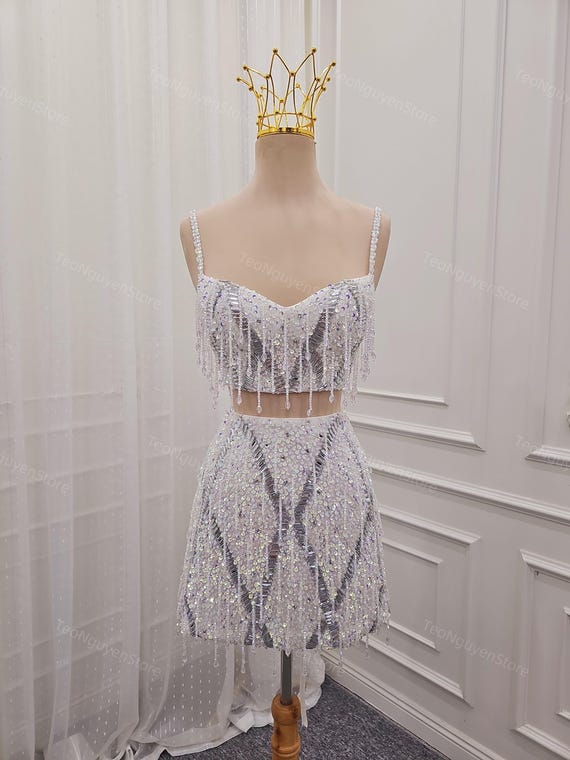 Sequin Beaded Two Piece Mini Dress, Handmade Fringe Crop Top and Skirt Set  for Party, Reception, Dance Custom Size - Etsy Israel