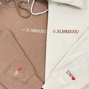 Customised Embroidered Couple Hoodie, Roman Numerals Hoodie with Anniversary Date, Wedding Date, Valentines Day Matching Couples Sweatshirt