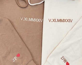 Customised Embroidered Couple Hoodie, Roman Numerals Hoodie with Anniversary Date, Wedding Date, Valentines Day Matching Couples Sweatshirt