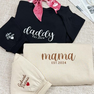 Custom Embroidered Mama Daddy Sweatshirt | Name with Heart on Sleeve | Mama Shirt with Est Year | Perfect Mothers day Gift