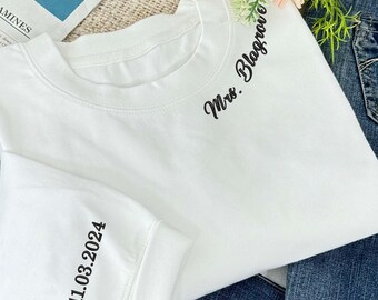 Custom Mrs. Embroidered Sweatshirt, Date On Sleeve, Gift For Bride, Future Mrs. and Mr. Hoodie, Engagement Gift, Bride To Be