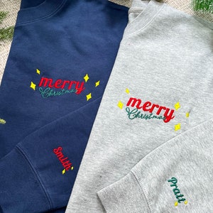 Merry Christmas Sweatshirt with Name on Sleeve | Embroidered Holiday Sweatshirt | Christmas Embroidery Sweatshirt | Christmas Gift