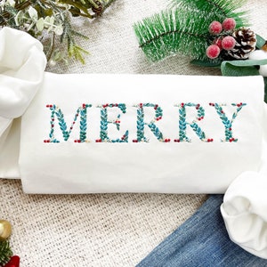 Embroidered Floral Merry Christmas Sweatshirt | Christmas Embroidered Crewneck | Custom Xmas Gift | Merry Christmas Gifts