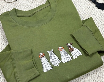 刺繍入りキュートなゴーストドッグスウェットシャツ | ハロウィンペット愛好家クルーネック | 犬ハロウィンシャツ | 犬好きへのギフト