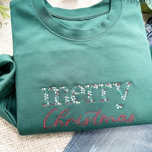 Embroidered Floral Merry Christmas Sweatshirt Hoodie | Christmas Embroidered Crewneck | Vintage Christmas Sweatshirt | Merry Christmas Gifts