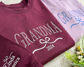 Embroidered Grandma Sweatshirt With Grandkids Names On Sleeve, Custom Granny Hoodie, Gramma Outfit, Gigi Mimi Sweatshirt, Mothers Day Gifts