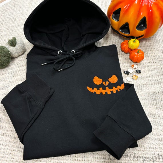 Shinedian Embroidered Pumpkin Sweatshirt, Funny Halloween Hoodie, Jack-o-Lantern Crewneck, Personalized Spooky Fall Shirt, For Friends