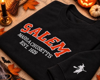 Felpa girocollo ricamata Salem Massachusetts Est 1629, con ricamo sulla manica a tema strega, felpa spettrale Hocus Pocus per Halloween, regalo autunnale per Halloween