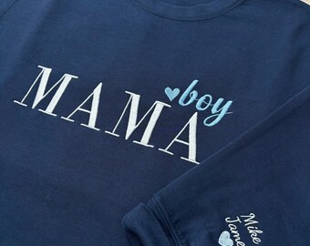 Custom Mama Boy Sweatshirt Embroidered Kid Name On Sleeve, Personalized Mom Sweatshirt, Minimalist Momma Hoodie, Mothers Day Gift For Mom