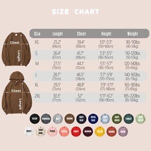 May include: Size chart for a hoodie with measurements in inches and centimeters, and weight in pounds and kilograms. The chart shows sizes XS to 2XL with corresponding chest, length, height, and weight measurements.