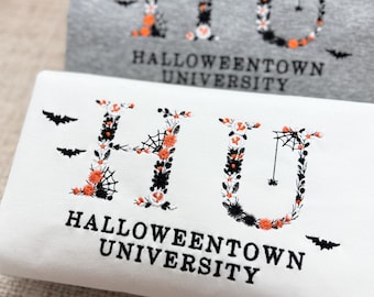 Halloween Town University Custom Embroidered Sweatshirt Hoodie, Floral Letter Cozy Fall Sweatshirt | Spooky Season Crewneck Sweatshirt