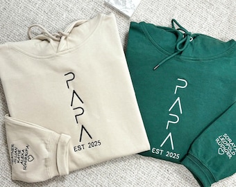 Gepersonaliseerde PAPA-hoody | Geborduurde kindernaam met hart op de mouw | Aangepaste PAPA est jaar | Nieuw vadercadeau | Vaderdagcadeau van kinderen