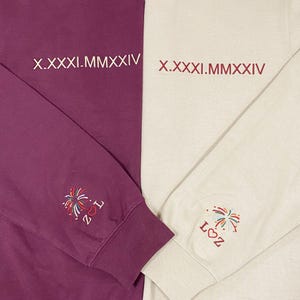 Custom Embroidered Roman Numeral Sweatshirt | Couple Sweatshirt Initial On Sleeve | Personalized Date Sweatshirt | Valentine&#39;s Day Gift