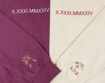 カスタム刺繍ローマ数字スウェットシャツ | 袖にイニシャル入りカップルスウェットシャツ | パーソナライズ日付スウェットシャツ | バレンタインデーギフト