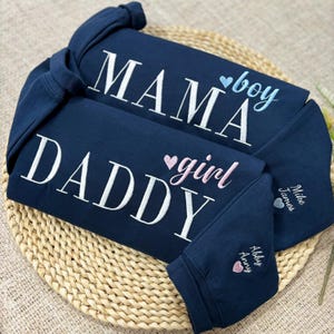Personalized Embroidered Boy Mama Girl Daddy Sweatshirt, Custom Mama Dada Hoodie, Baby Announcement Outfit, New Mom New Dad Gifts