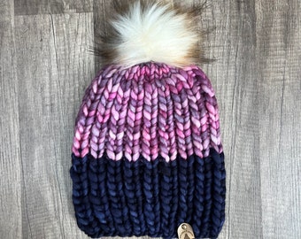 The Color Block Beanie, Textured Knit Beanie, Knitted Women’s Beanie, Knitted Hat, Women’s Pompom Hat, Faux Fur Pompom Hat