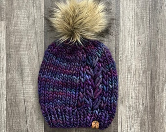 The Heartstream Beanie, Textured Knit Beanie, Knitted Women’s Beanie, Knitted Hat, Women’s Pompom Hat, Faux Fur Pompom Hat