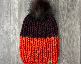 The Color Block Beanie, Textured Knit Beanie, Knitted Women’s Beanie, Knitted Hat, Women’s Pompom Hat, Faux Fur Pompom Hat