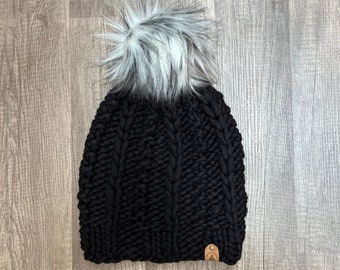 The Tovar Toque, Textured Knit Beanie, Knitted Women’s Beanie, Knitted Hat, Women’s Pompom Hat, Faux Fur Pompom Hat