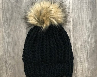 The Moab Beanie, Textured Knit Beanie, Knitted Women’s Beanie, Knitted Hat, Women’s Pompom Hat, Faux Fur Pompom Hat